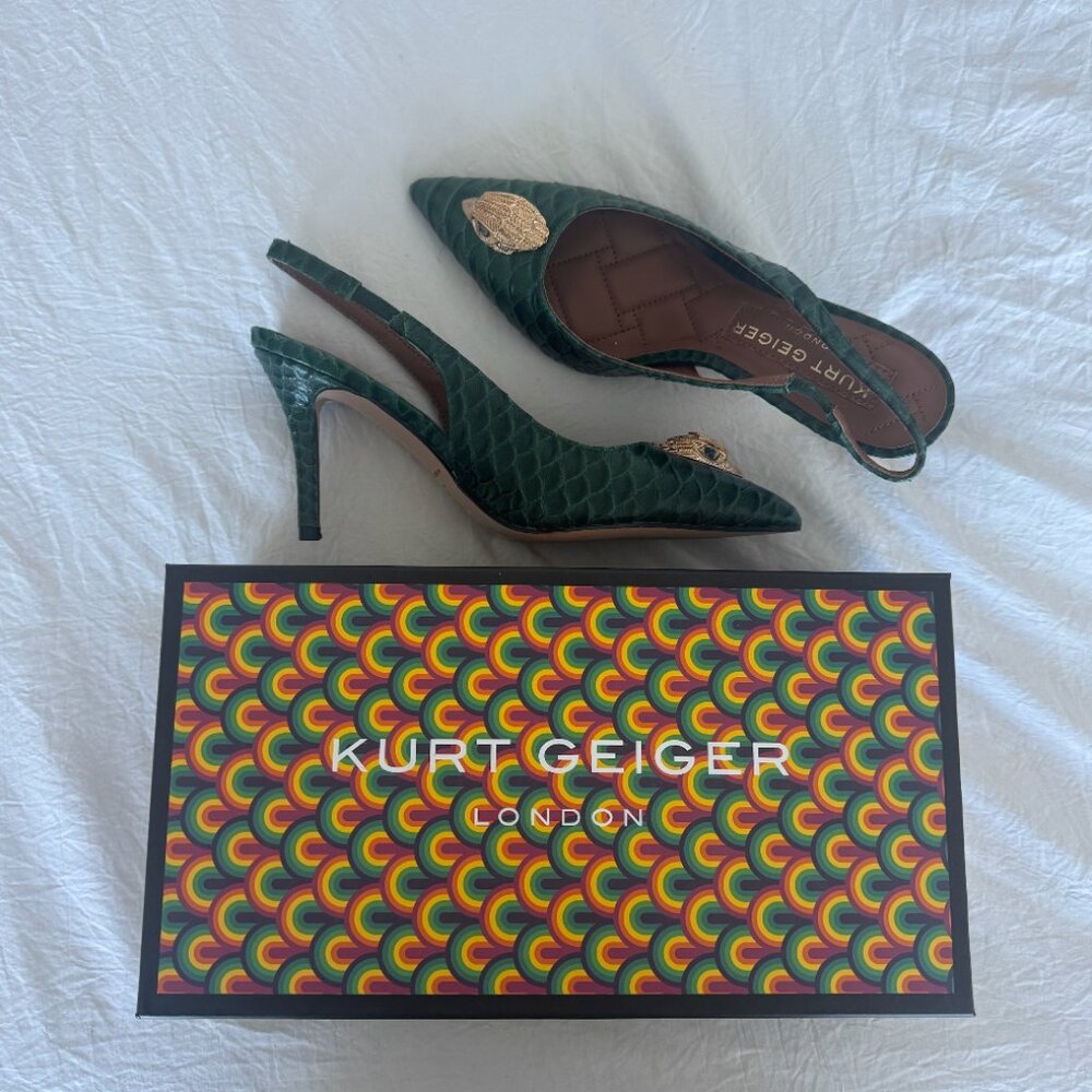 Kurt Geiger Dark Green Textured Slingback Pumps with Gold Accent - Picture 2 of 7